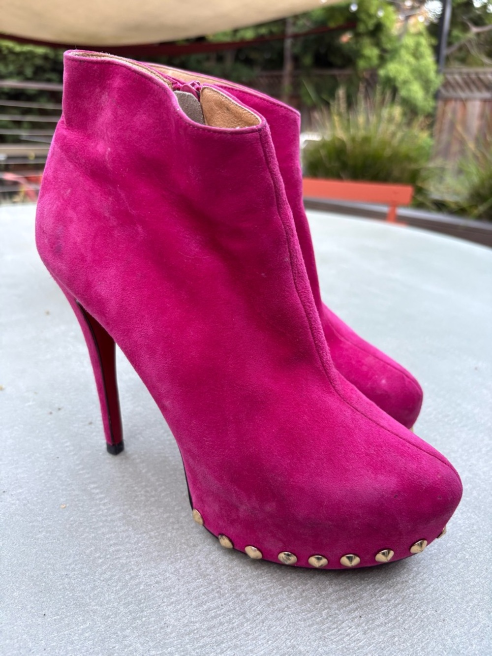 Christian Louboutin Magenta Hot Pink Suede Platform Booties w Gold Studs EU 41